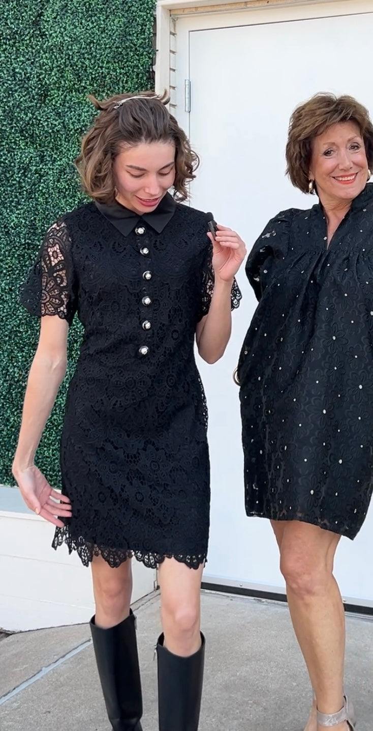 Satin Collar & Gold Buttons Lace Dress | Little Black Happy Hour Dress Black / M Satin Collar & Gold Buttons Lace Dress | Little Black Happy Hour Dress Black / M