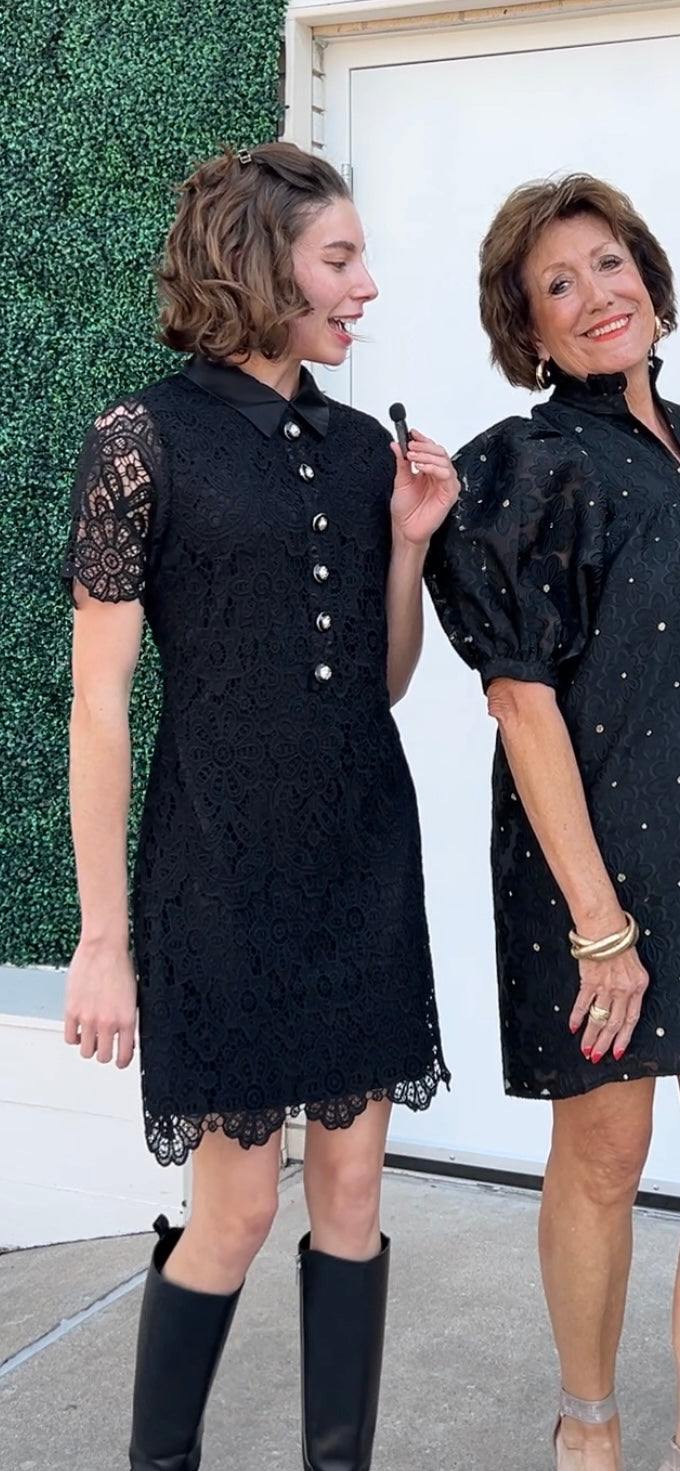 Satin Collar & Gold Buttons Lace Dress | Little Black Happy Hour Dress Black / M Satin Collar & Gold Buttons Lace Dress | Little Black Happy Hour Dress Black / M