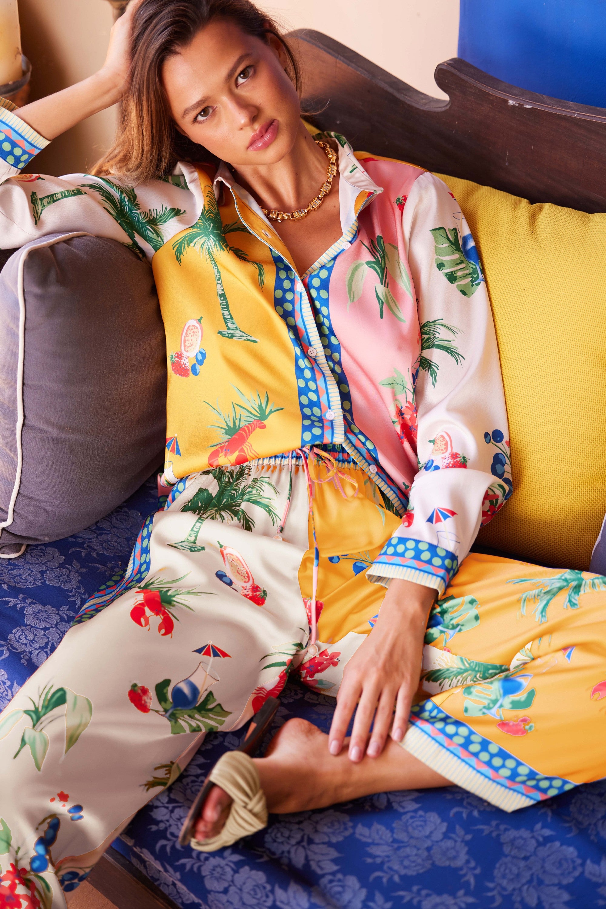 Satin Tropical Scarf Print Top | Matching Pants | Vacation Outfit