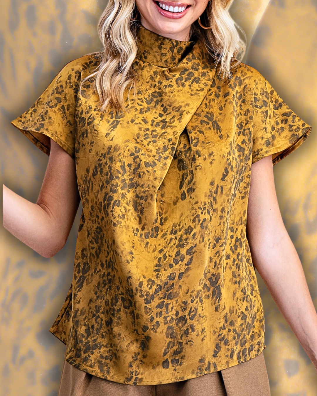 Satin Twist Neck Leopard Blouse Holiday Tops Women's Boutique