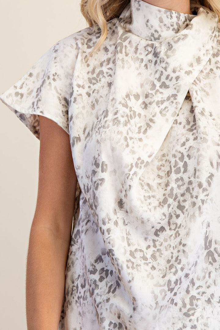 Satin Twist Neck Leopard Blouse Holiday Tops Women's Boutique close up