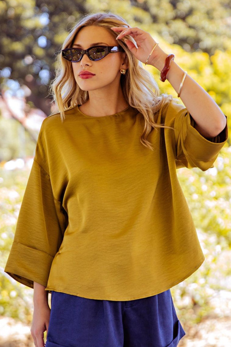 Satin Wide Cuffed Sleeve Top  Women Boutique Elevated Basics bronze cream