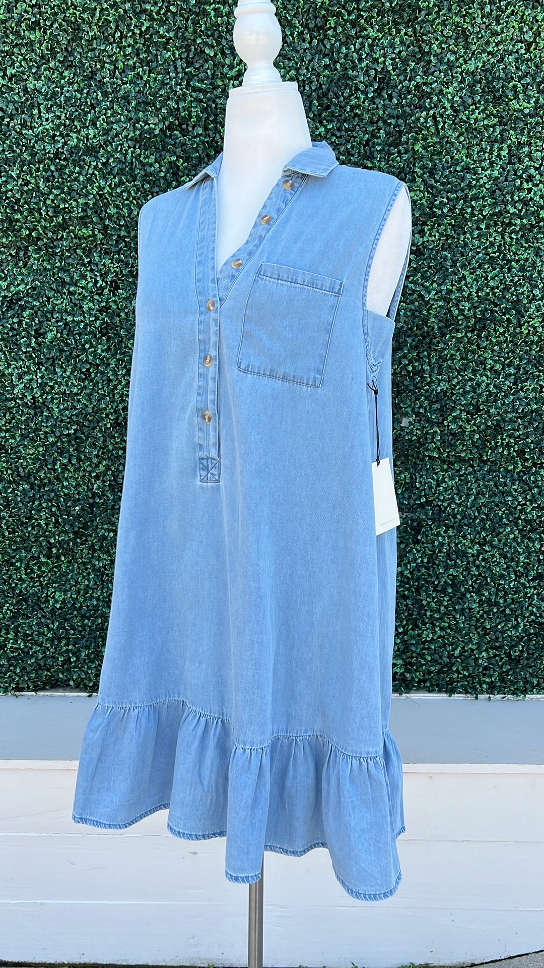 Denim Flounce Hem Dress Denim/White / S Denim Flounce Hem Dress Denim/White / S