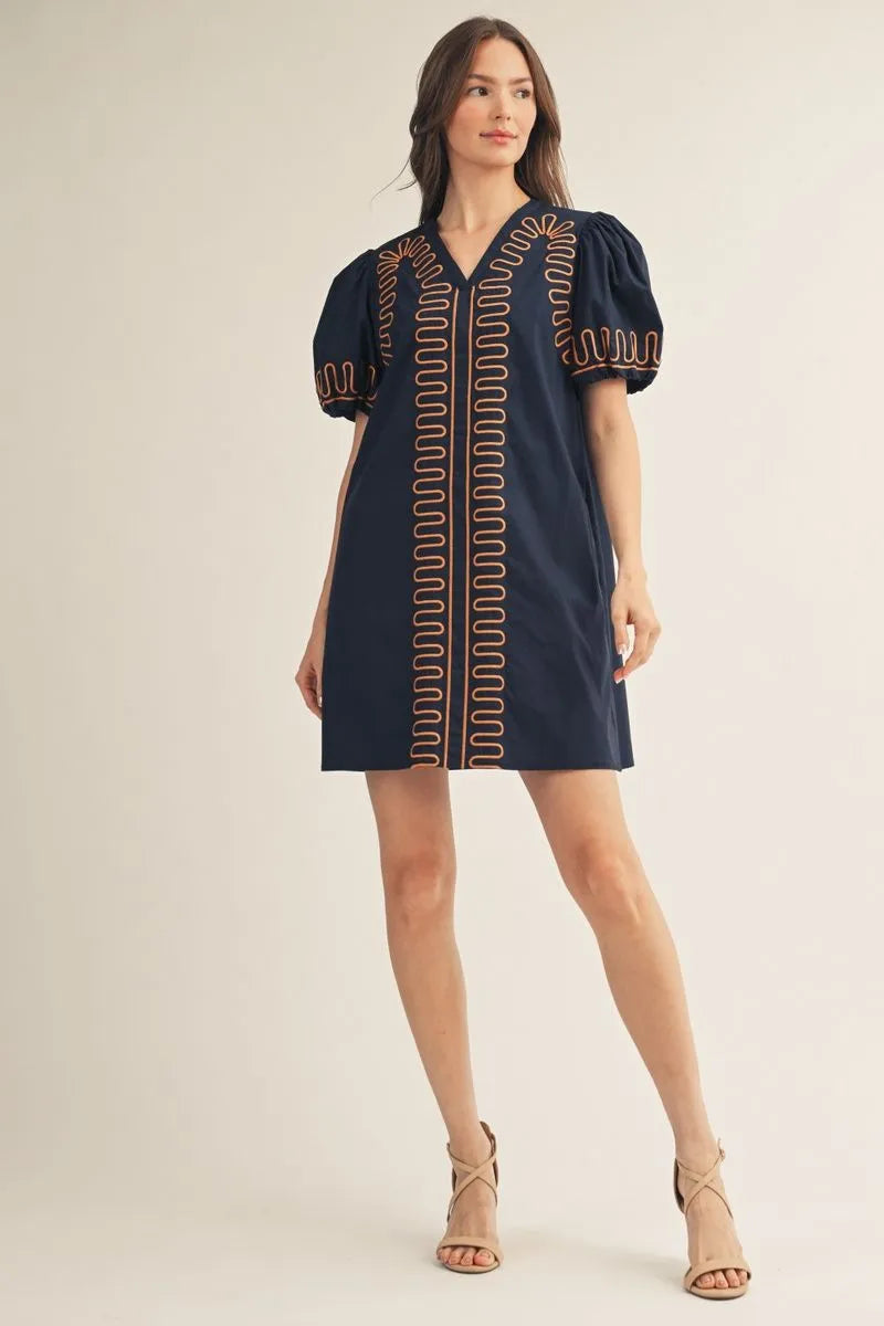 Scallop Embroider Cotton Navy Dress