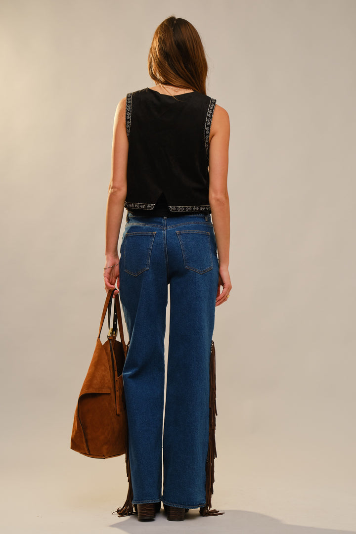 black Faux Suede Embroidered Vest back