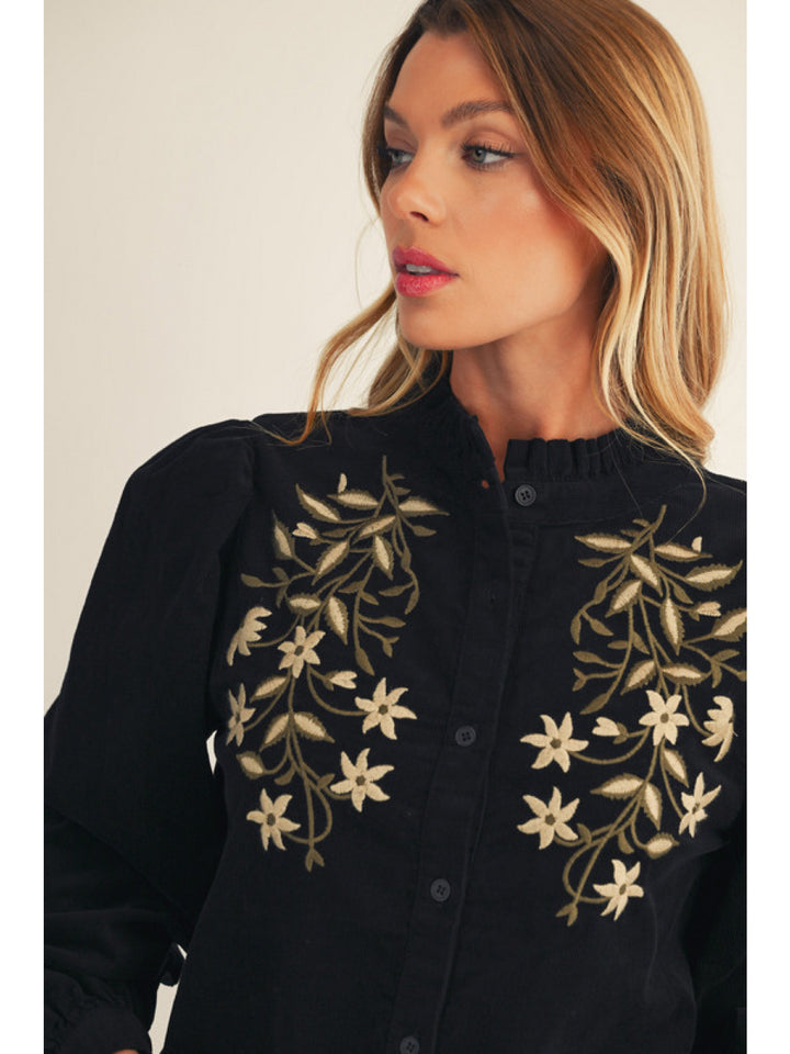 black cream and olive Corduroy Embroidered Long Sleeve Blouse 