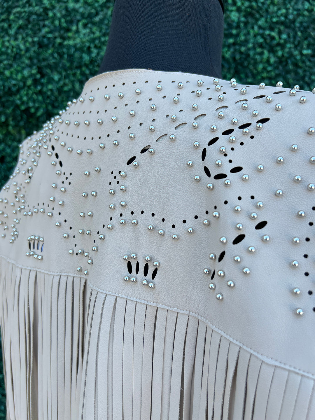close up of Cream Pleather Studded Fringe Vest HLRS Women's Southern Style boutique back