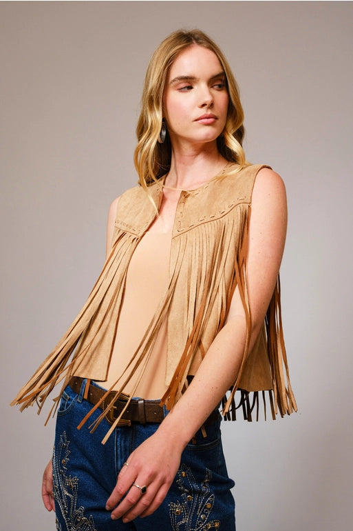 cropped Faux Suede Fringed Vest Rodeo HLSR Boutique houston camel