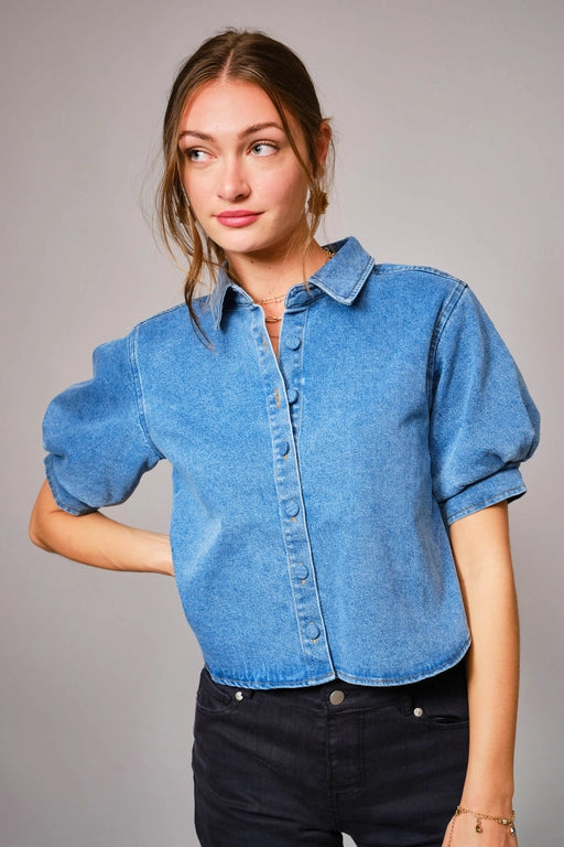 Crop Denim Puff Blouse