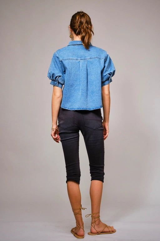 Crop Denim Puff Blouse