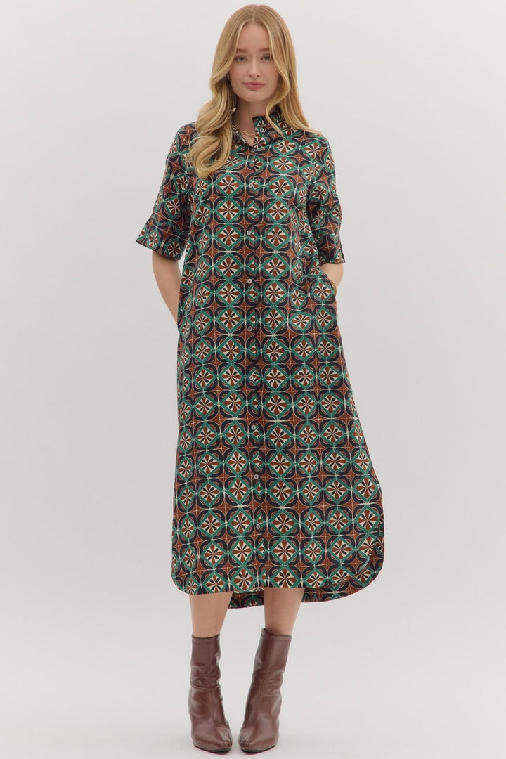 entro fashion Geometric Print Maxi dress brown and turquoise