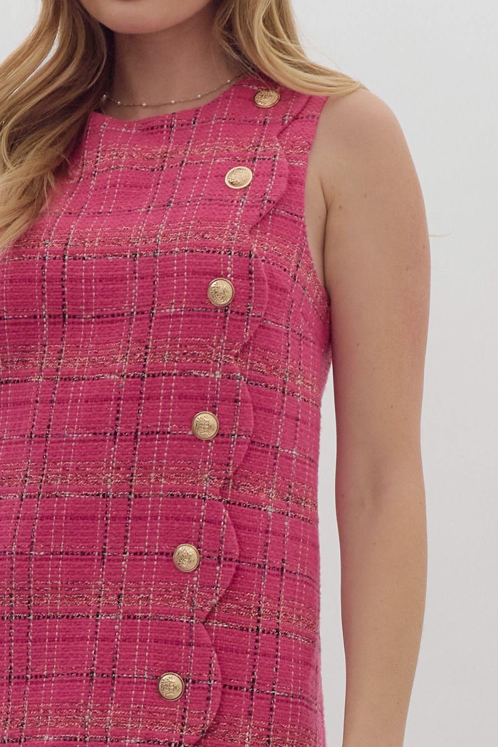 sachin and babi light blue dress Pink Tweed Scalloped Side Buttons Dress – Très Chic Boutique