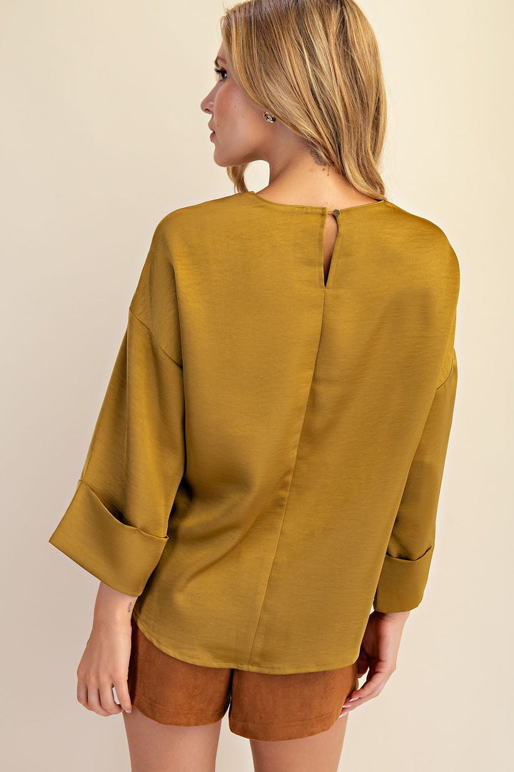 gold Satin Wide Cuffed Sleeve long sleeve Top Women Boutique Elevated Basics 