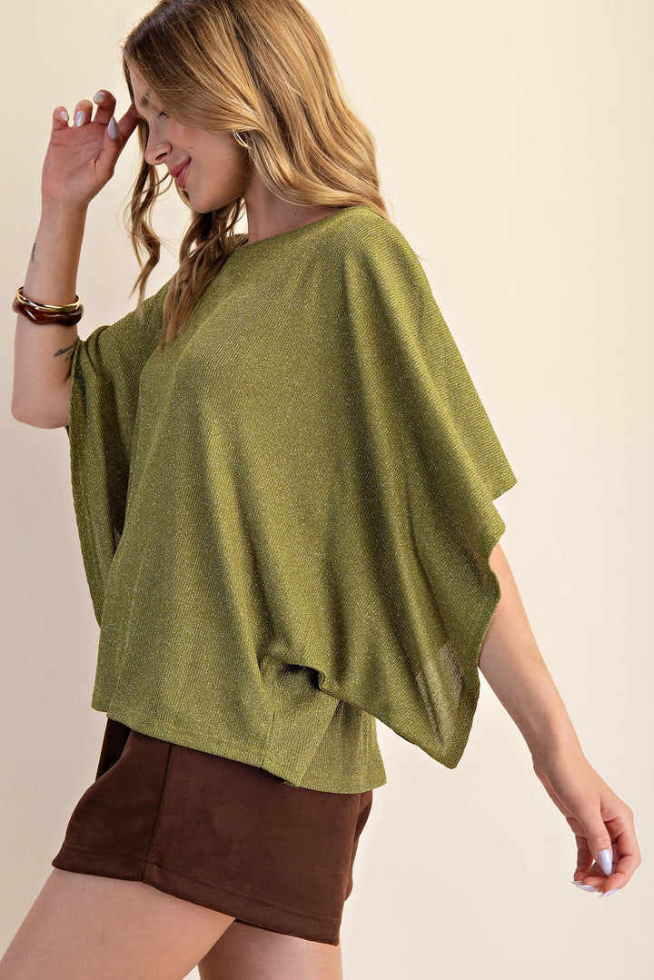 green wide Kimono Sleeve Sparkle Knit Top Online Women's Boutique Affordable
