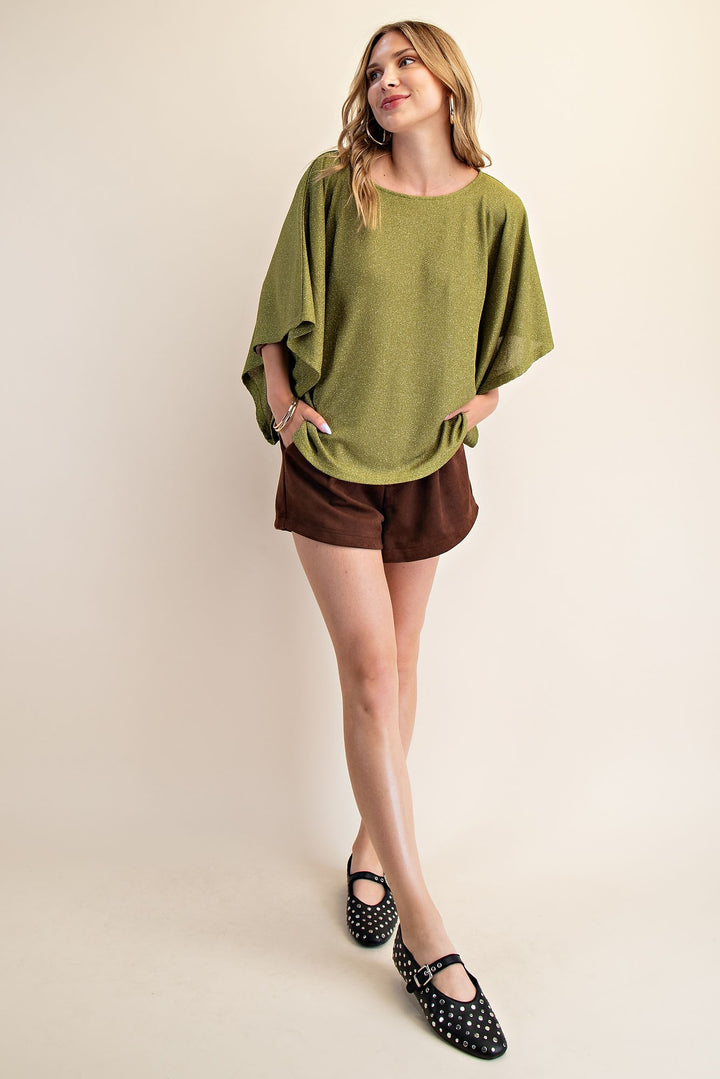 green wide Kimono Sleeve Sparkle Knit Top Online Women's Boutique Affordable