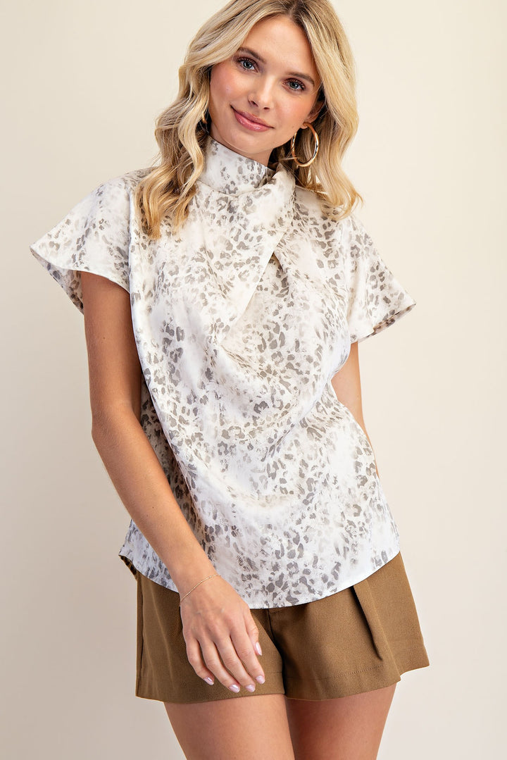 grey and white Satin Twist Neck Leopard Blouse Holiday Tops Women's Boutique