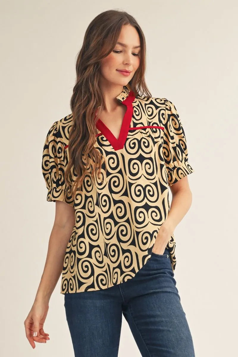 Ruffle Swirl Red Detail Blouse