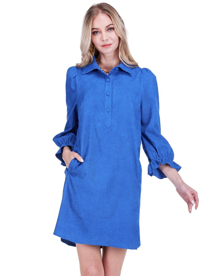 Blue Corduroy Long Sleeve Dress