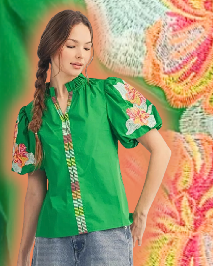 Lime Floral Embroidered Blouse