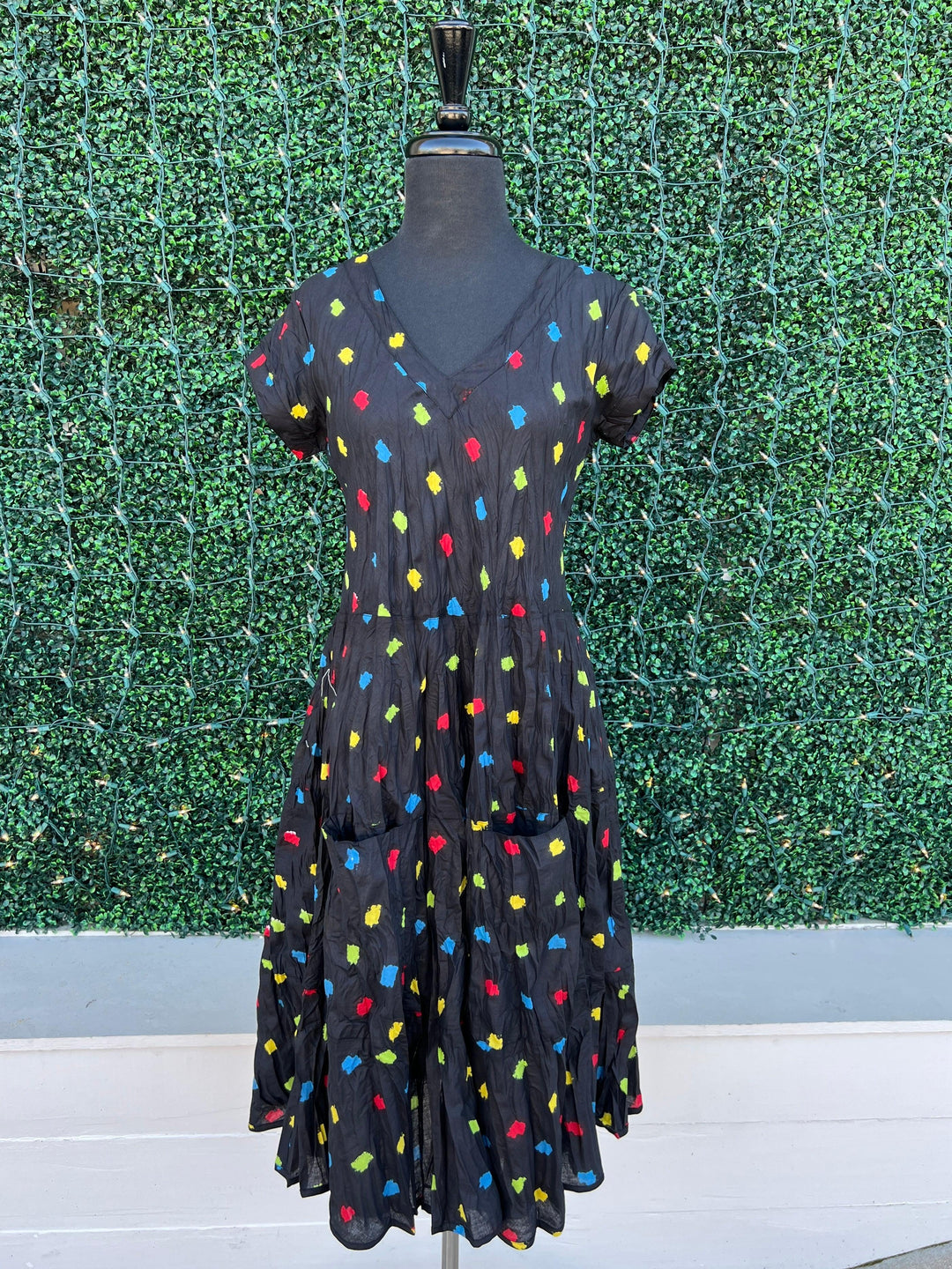 JALAN midi dress by dress addict with red blue yellow and green dot background and front pockets 100% cotton