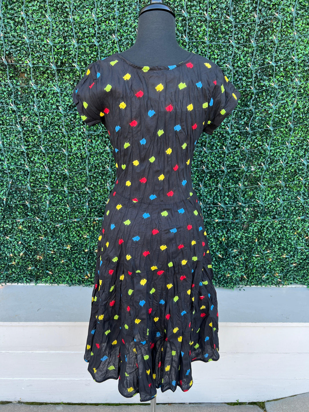 JALAN midi dress by dress addict with red blue yellow and green dot background and front pockets 100% cotton