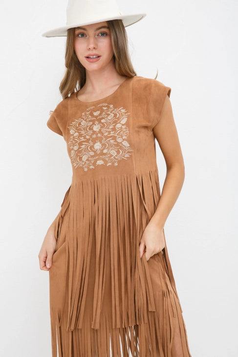 Embroidered Suede Fringe Dress what to wear to hlsr