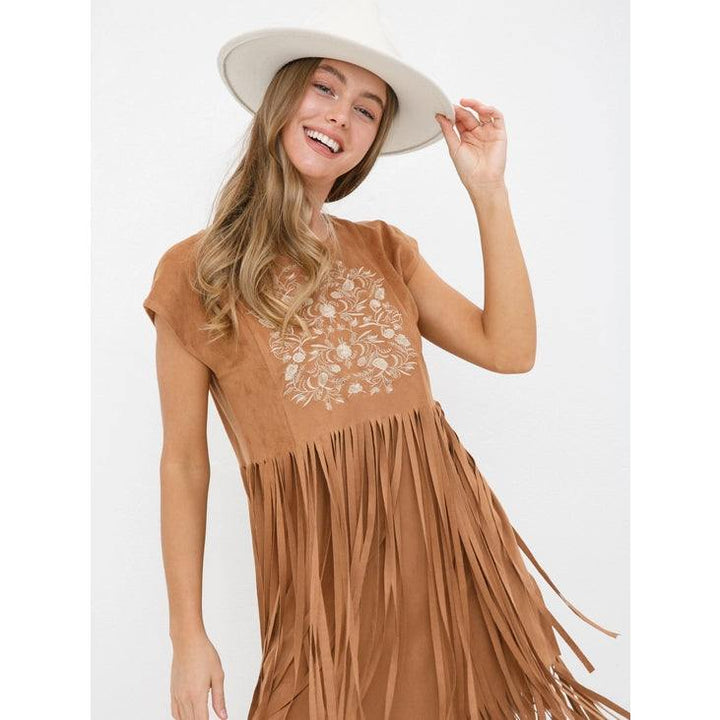 Embroidered Suede Fringe Dress what to wear to the housotn rodeo