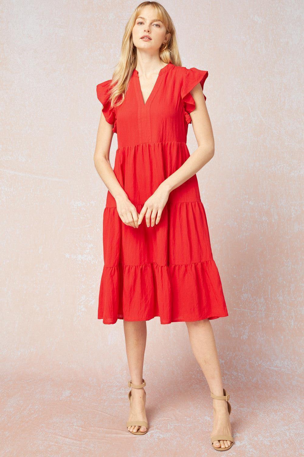 Red Tiered Midi Dress - Très Chic