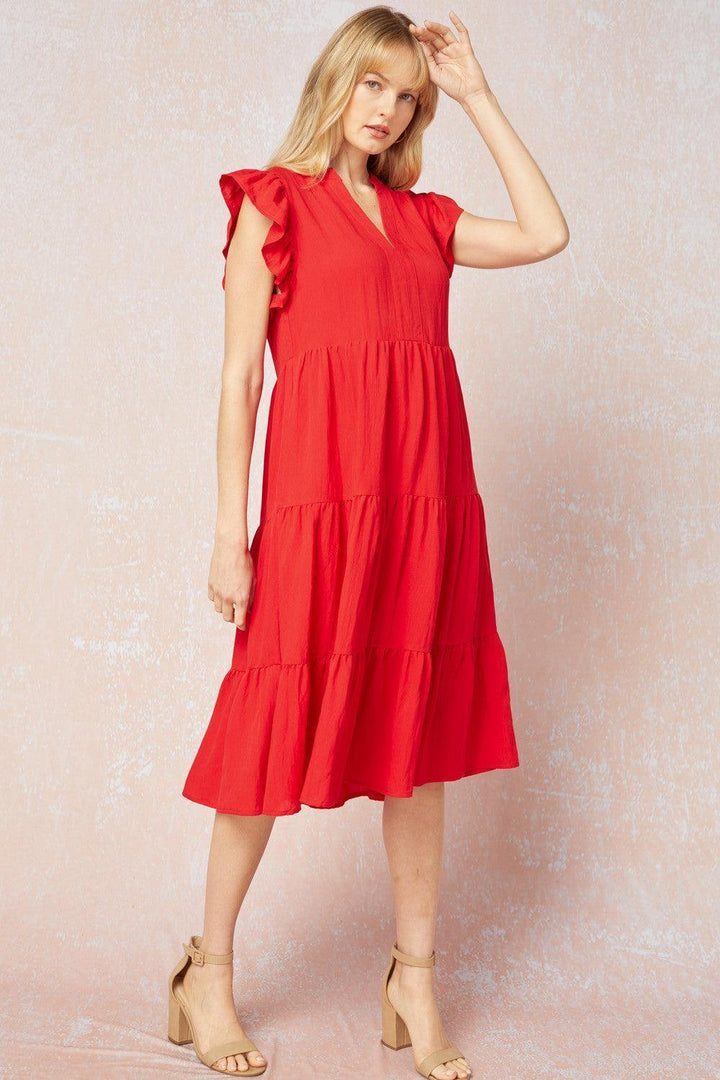 Red Tiered Midi Dress - Très Chic