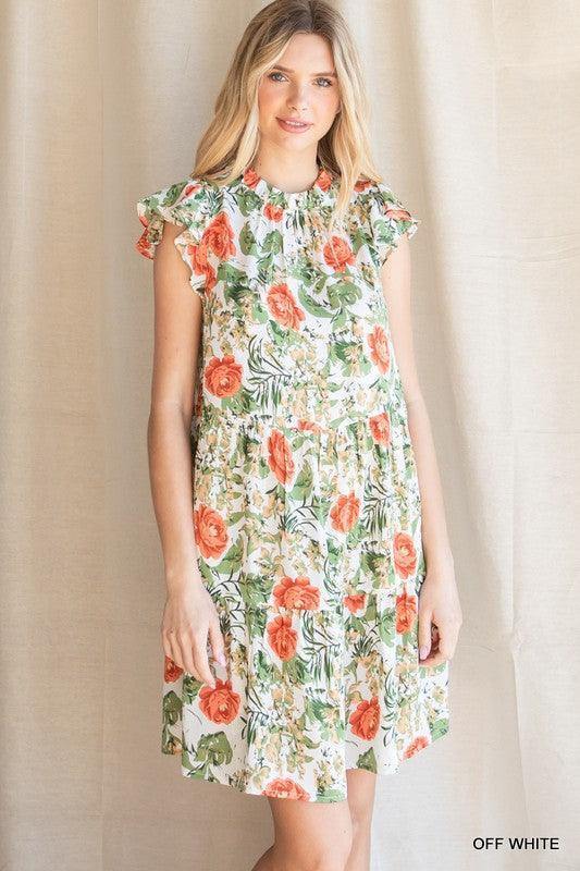 Green and Red Floral Tiered Dress - Tres Chic Houston