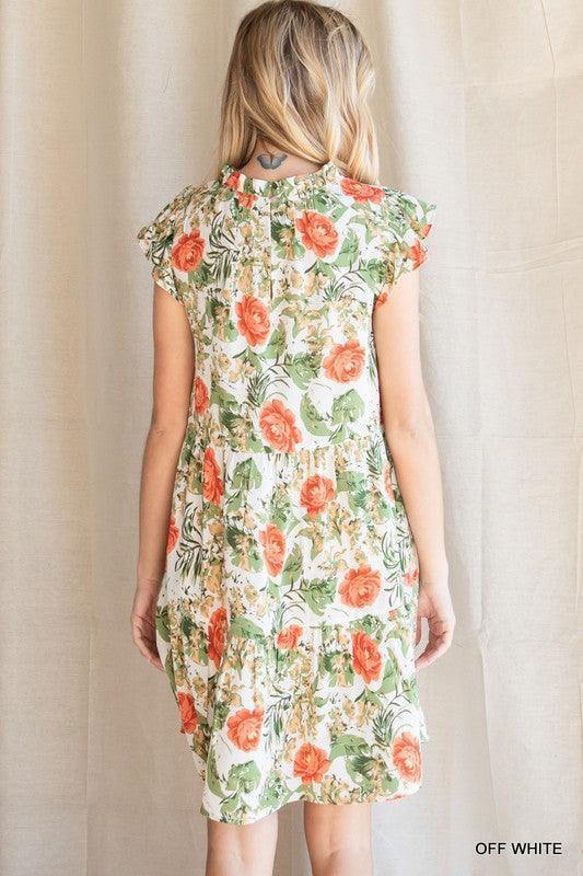 Green and Red Floral Tiered Dress - Tres Chic Houston