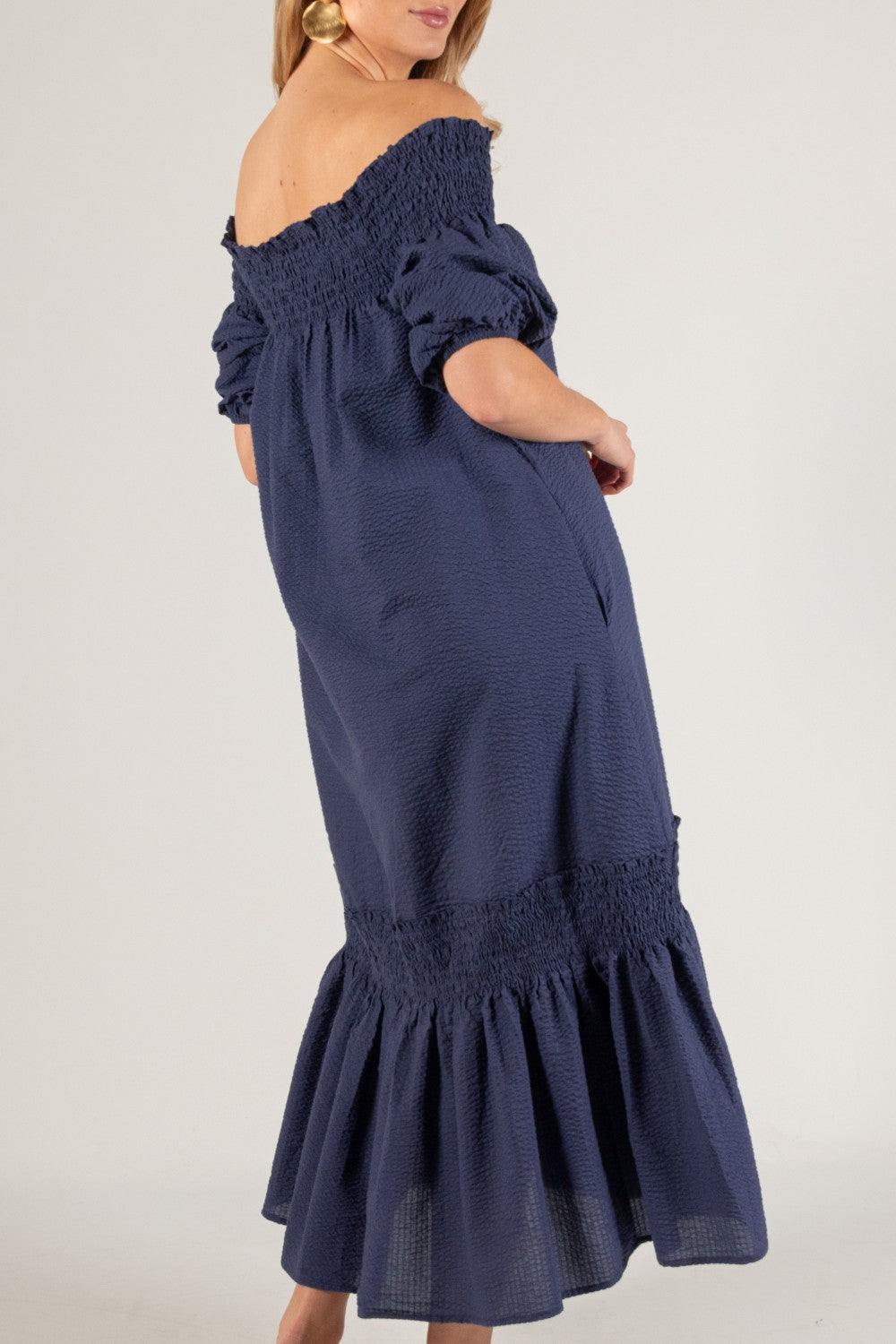knee length dresses for ladies Smocked Off Shoulder Maxi Dress | Light Chambray Style Small | Women's Online Boutique | Boho Chic Style