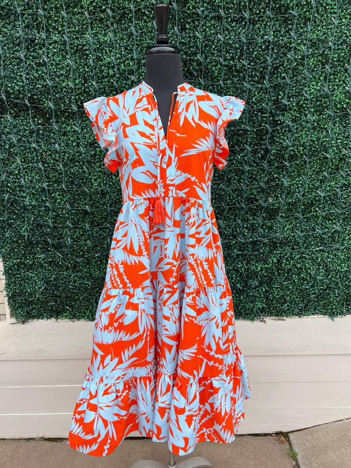 womens trendy summer dresses orange and blue palm leaf flutter sleeve midi tres chic