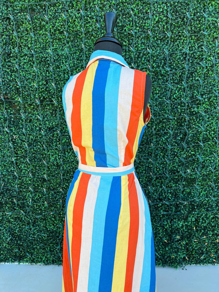 rainbow hroizontal stripe maxi dress 100% cotton womens online boutique button up
