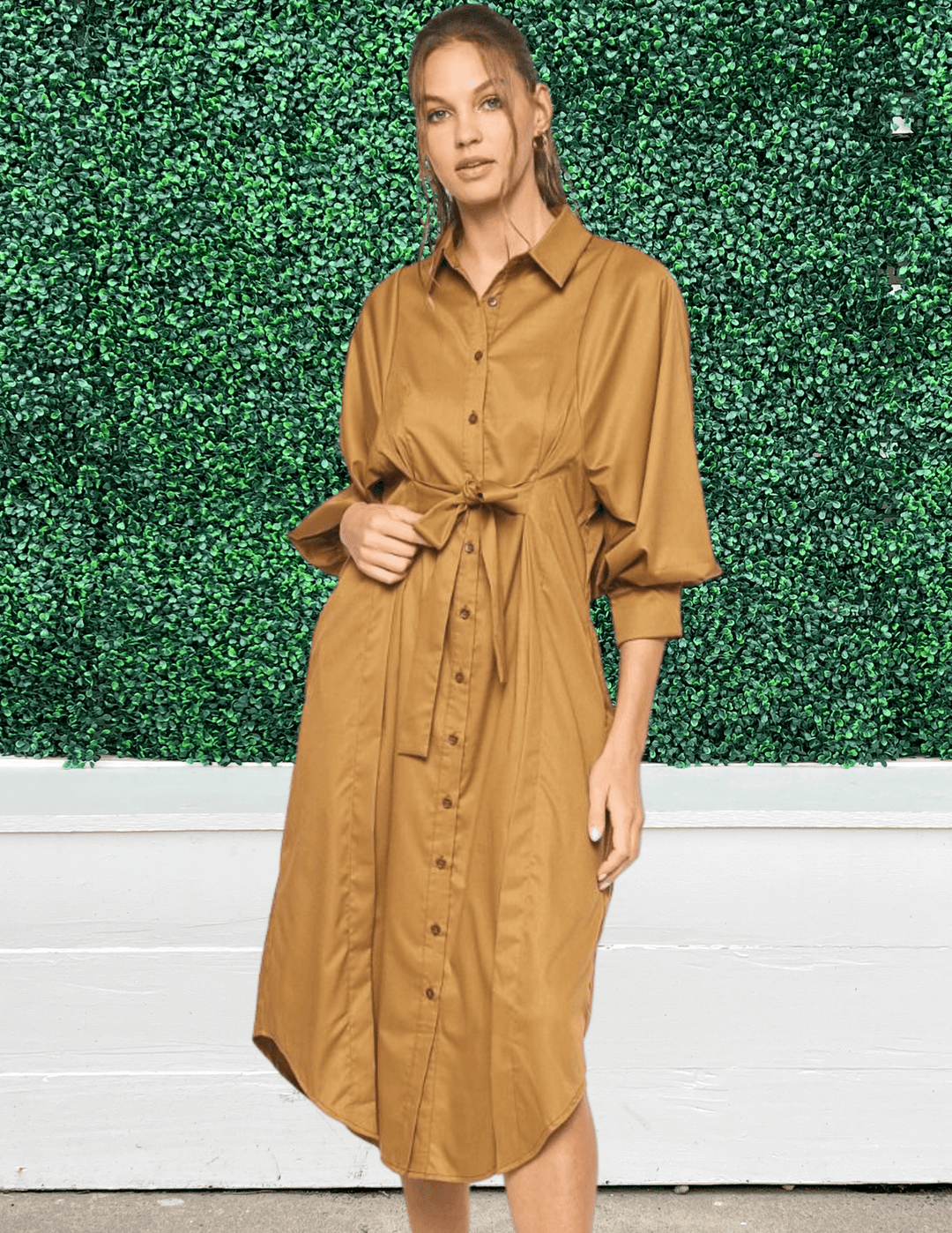 shirt dress with tie at waist midi entro brand tres chic womens boutique camel color