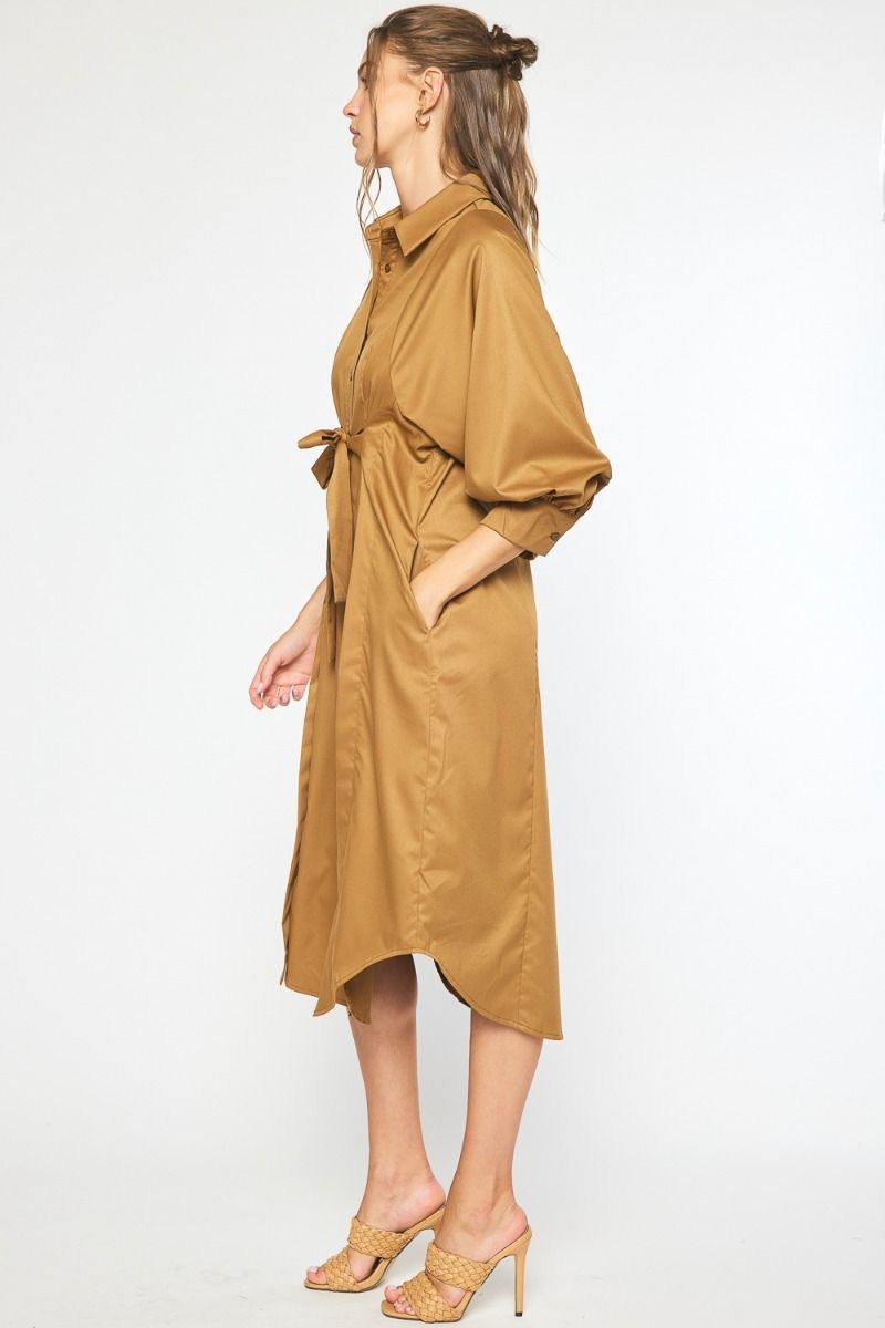 shirt dress with tie at waist midi entro brand tres chic womens boutique camel color