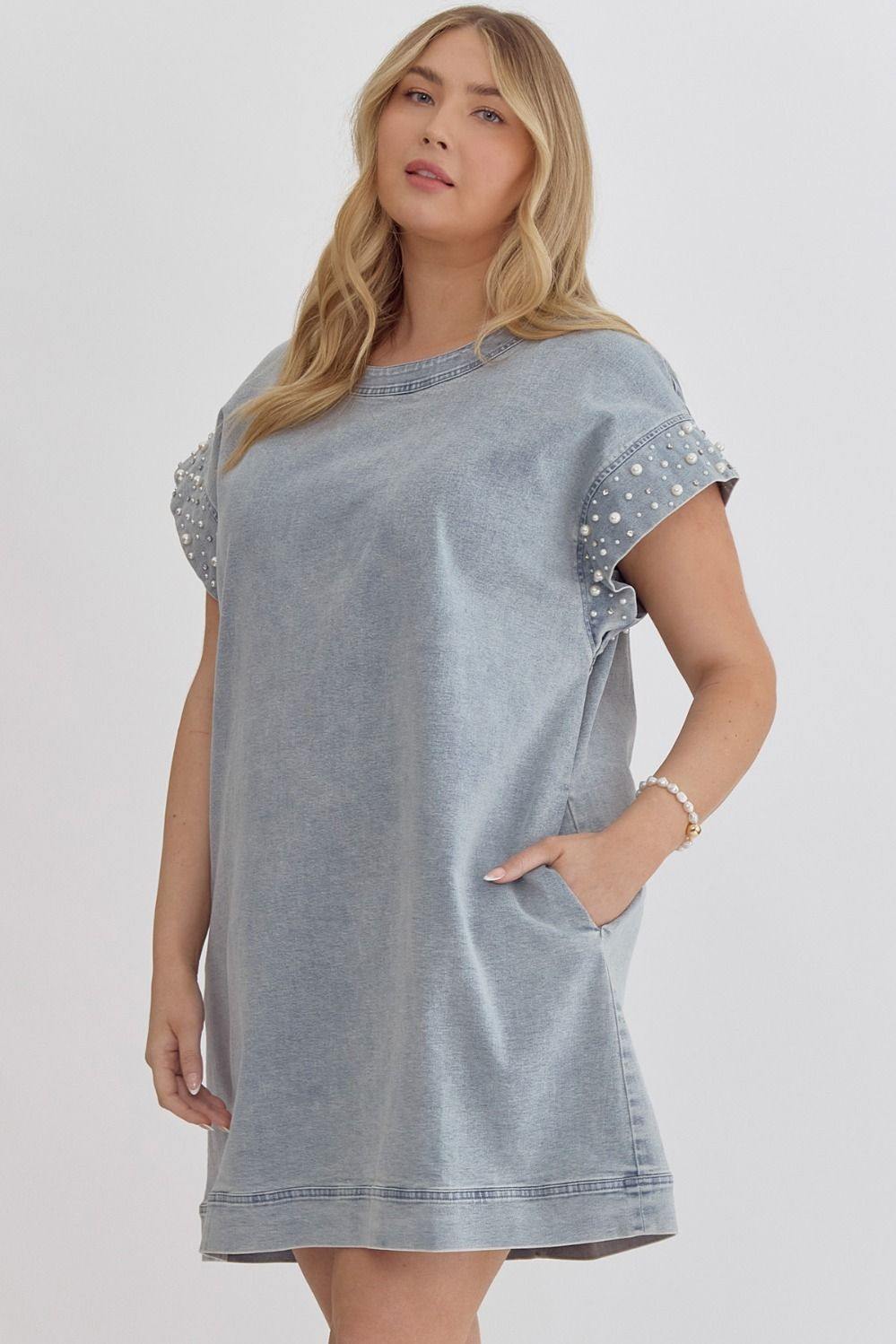 Pearl Embellished Denim Dress | Entro Brand