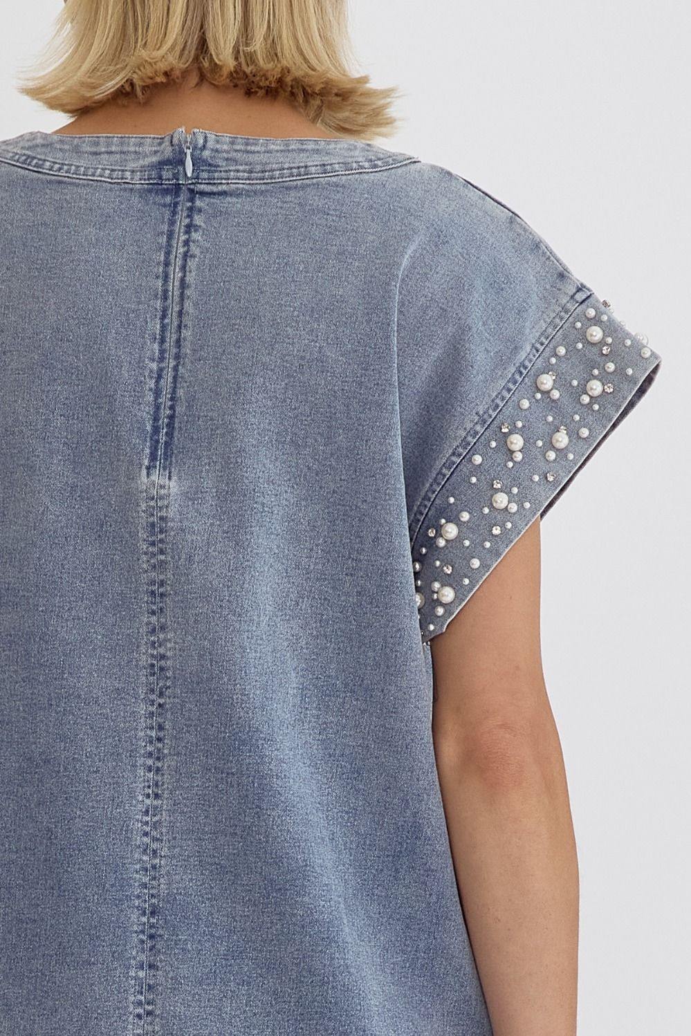 Pearl Embellished Denim Dress Pearl Embellished Denim Dress