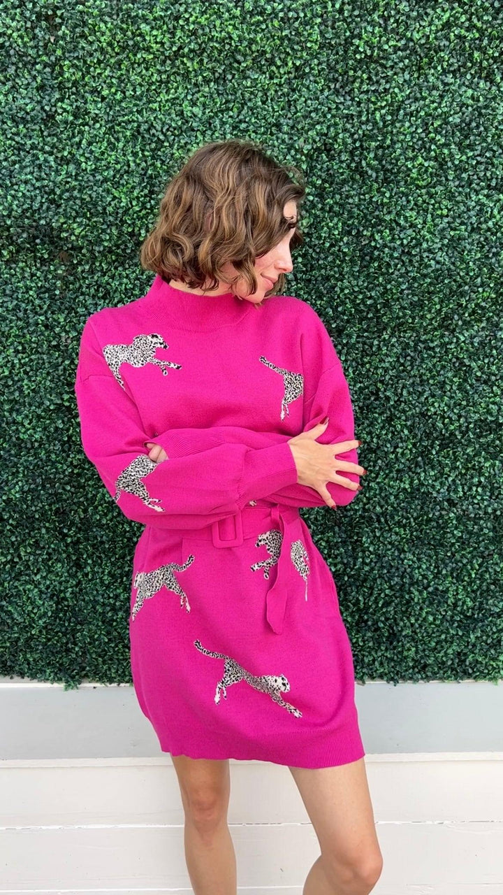 hot pink magenta Pink Cheetah Sweater Dress with belt entro tres chic boutique