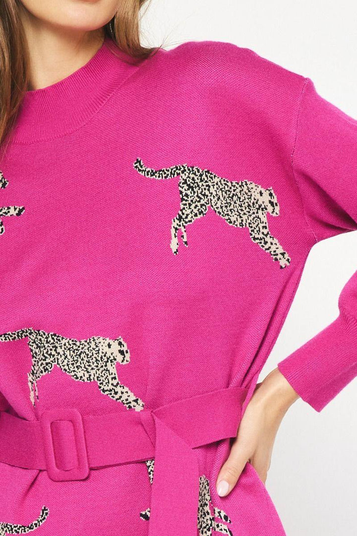 Pink Cheetah Sweater Dress with belt entro