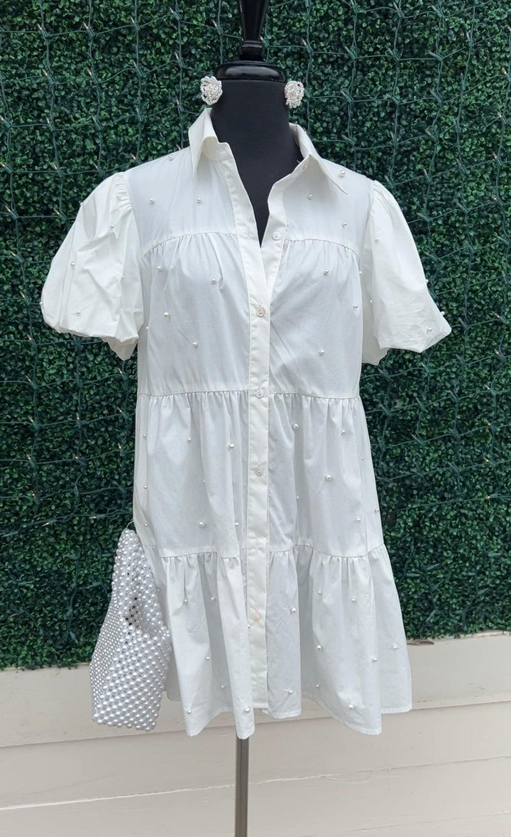 white Pearl Embellished Dress cotton with pockets from trendy dress boutique online