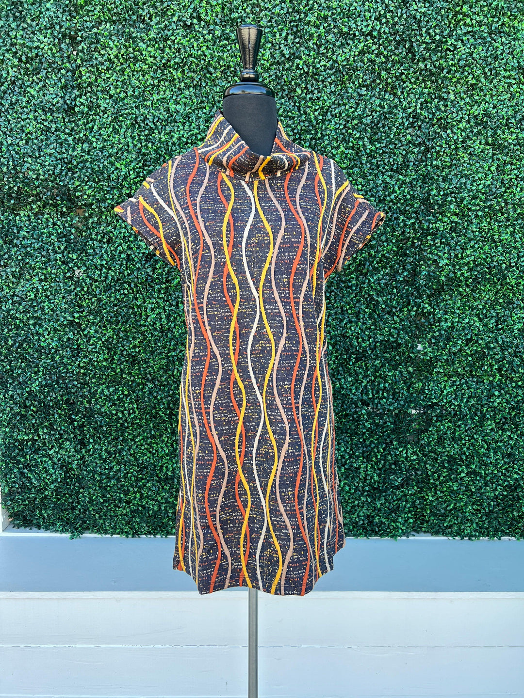 Burnt Orange/ Yellow/ Brown 70s print mock cowl neck dress