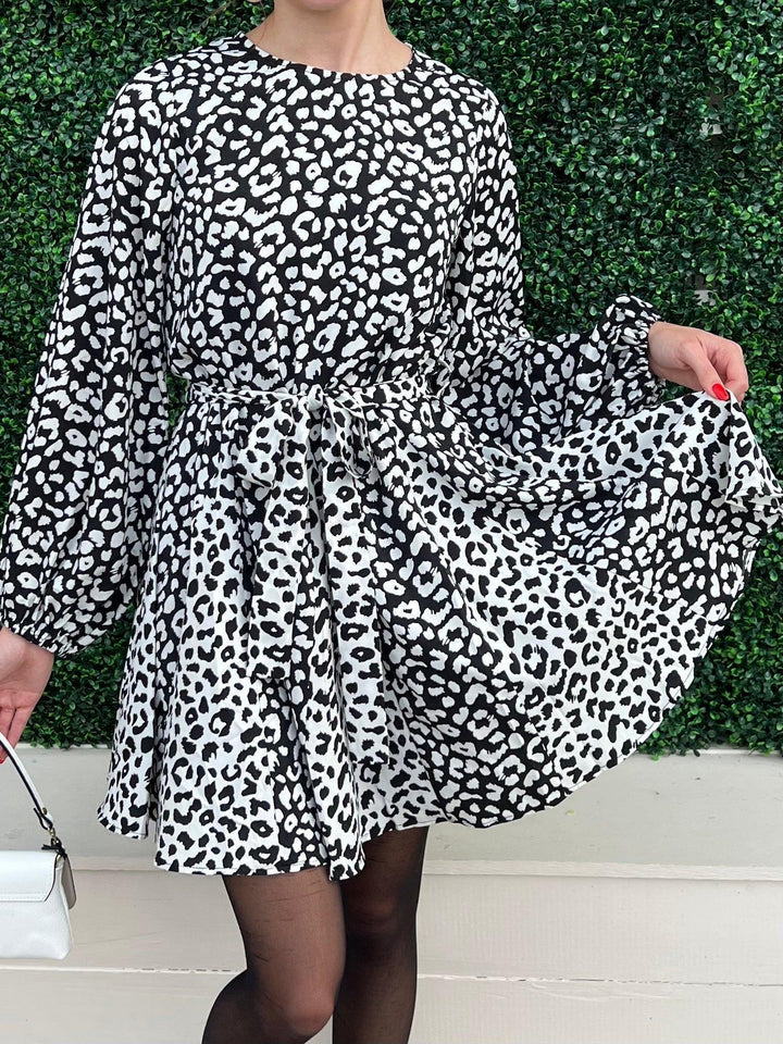 Black and white leopard print skater skirt dress- tres chic
