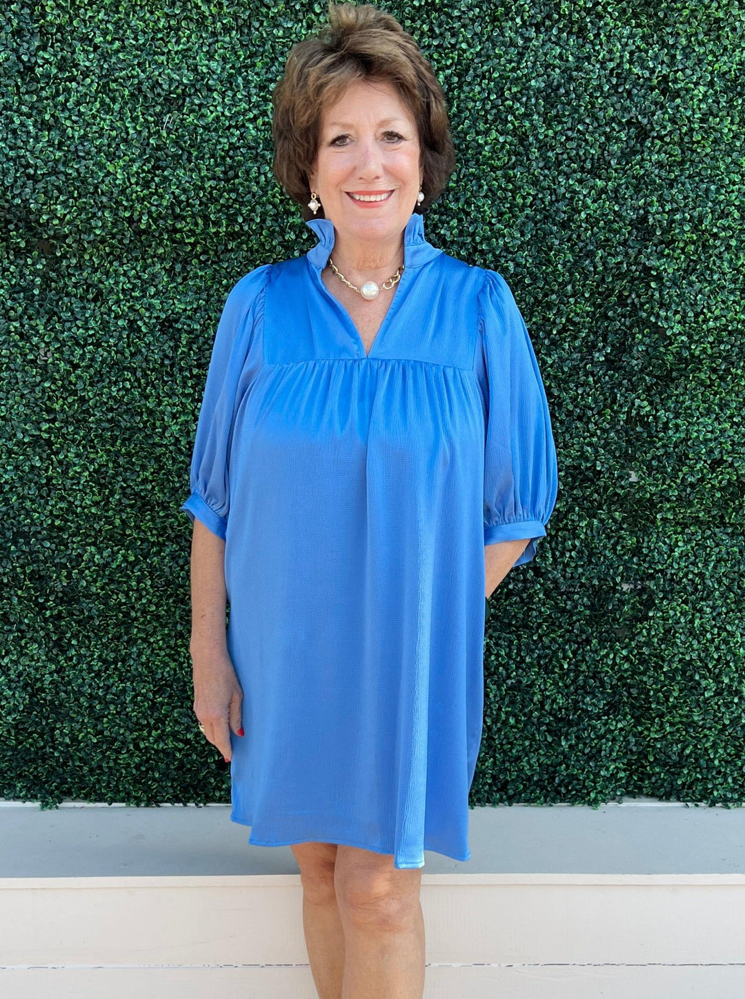  silky blue puff sleeve dress with pockets jade brand tres chic boutique