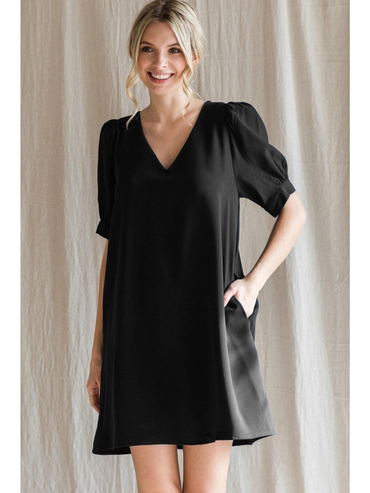 black puff sleeve sheath dress with pockets breathable dress boutique womens gifts houston texas