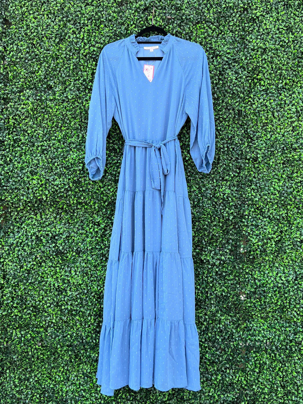 Light blue mmaxi dress with sheer sleeves in boutique serving downtown houston area 