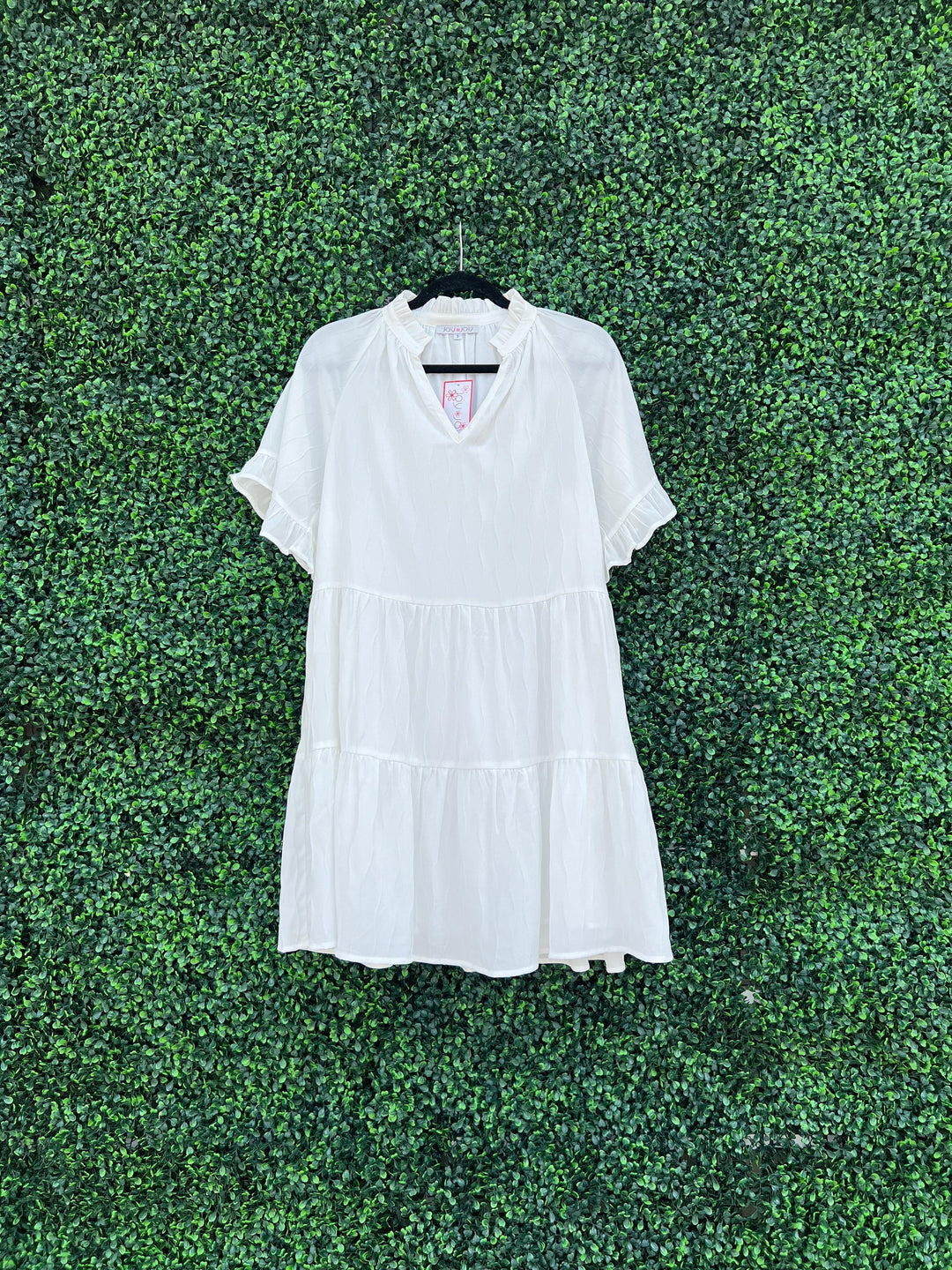 White version of the Tres Chic Flounce Dress that was shown on Wear it Wednesday Instagram segment