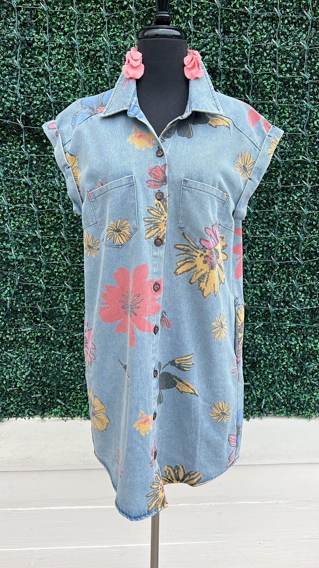 Floral Denim Dress | She + Sky Brand | Cap Sleeve Shirt Dress Trs Chic Boutique Floral Denim Dress | She + Sky Brand | Cap Sleeve Shirt Dress Trs Chic Boutique