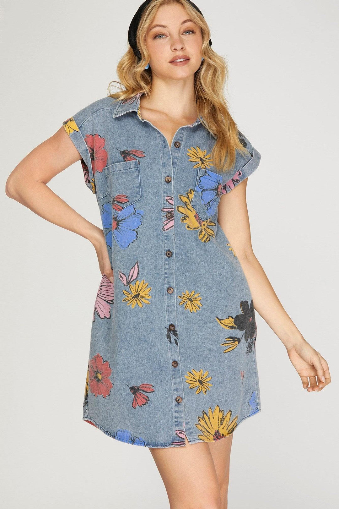 she + sky denim dress Denim on denim in the Wild West SY7368 - Blue - Woven washed chambray button down shirt dress SY7111- Lt. Blue