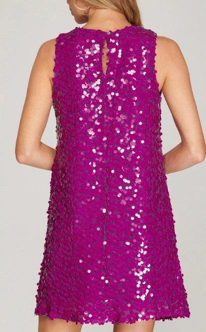 Magenta Sequin aline Dress brand she and sky from tres chic boutique Houston online